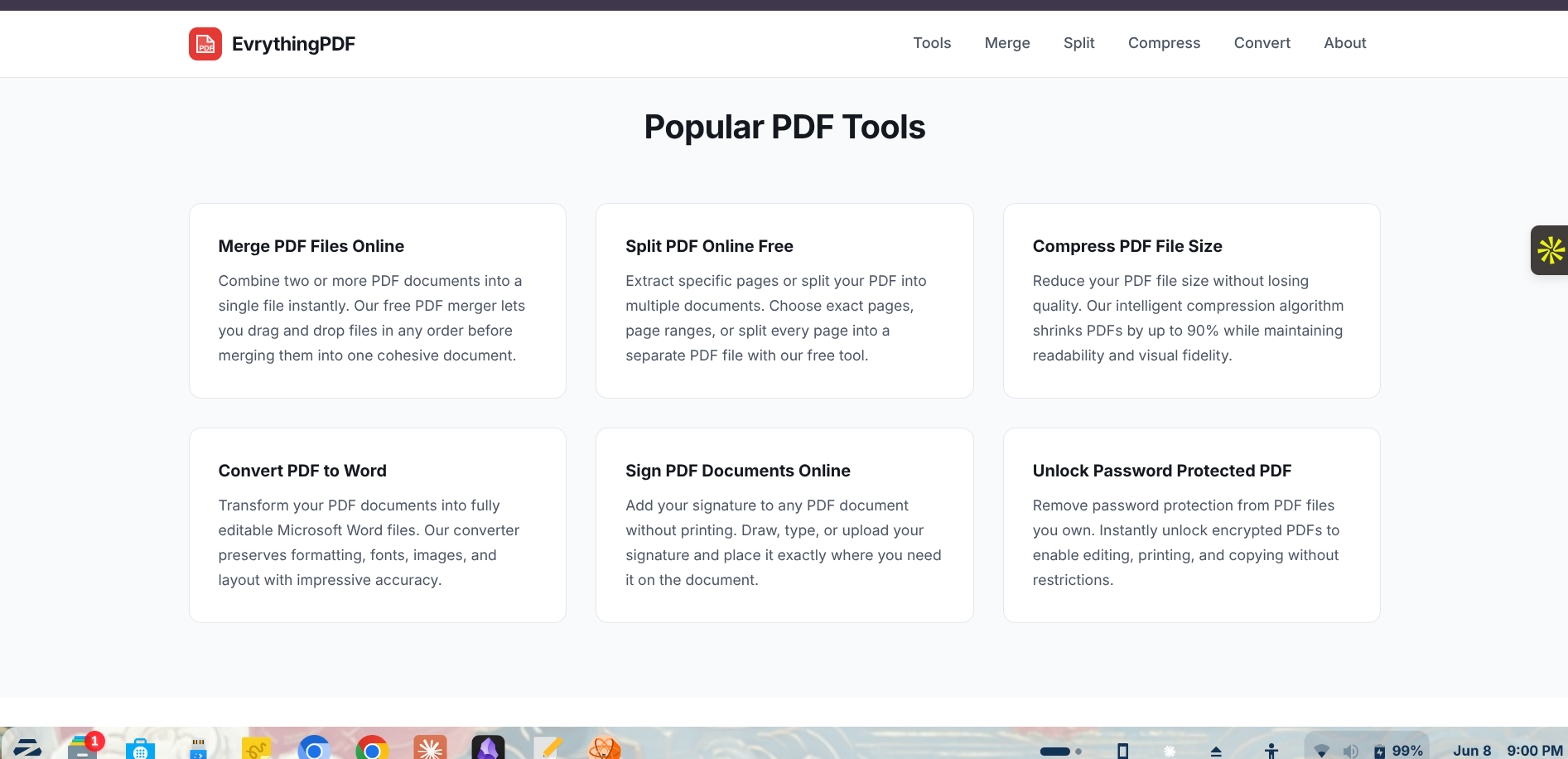 EvrythingPDF interface showing the free PDF editor tools including secure processing, fast performance, and always-free features